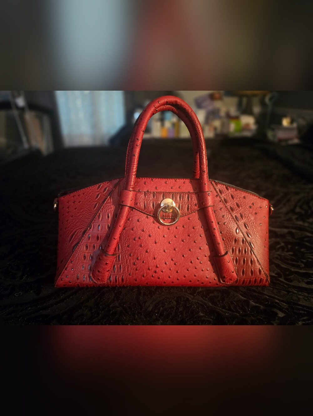 Red Ostrich-Texture Satchel Handbag